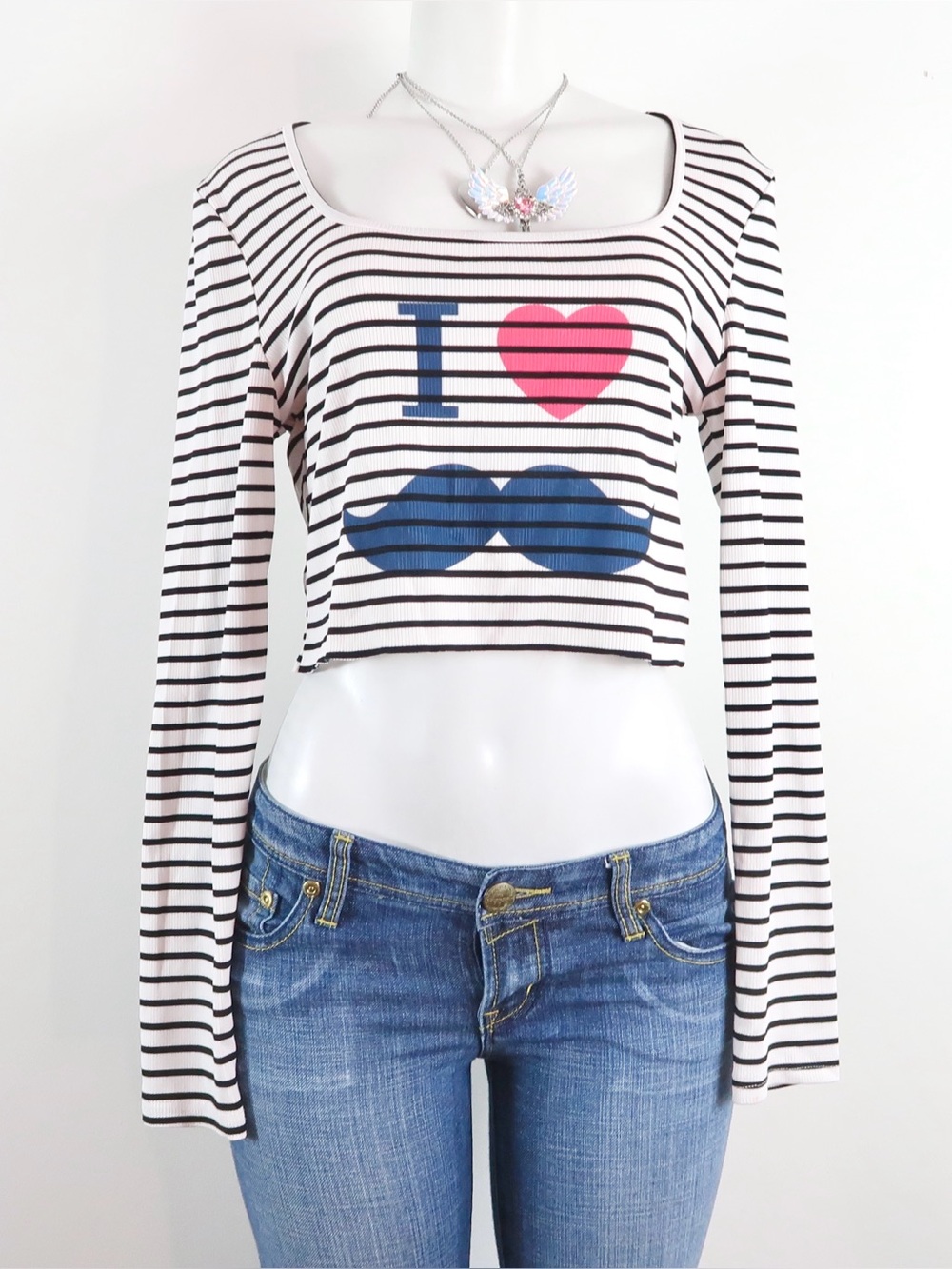striped‎ i ❤️ mustache crop top xs